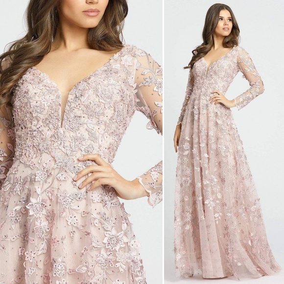 Mac Duggal Dresses & Skirts - Mac Duggal Pink Floral Applique Long Sleeve Illusion Gown Dress Size 8 NWT